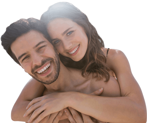 Transparent Smiling Caucasian Couple Embracing in Summer