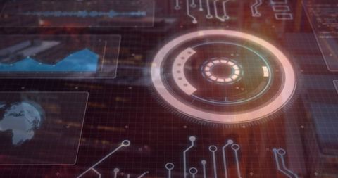 Futuristic hud interface with rotating neon ring and data panels for tech dashboards