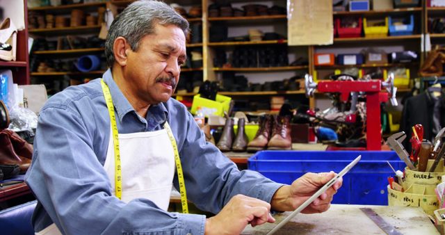 Senior Man Using Tablet in Workshop - Download Free Stock Images Pikwizard.com