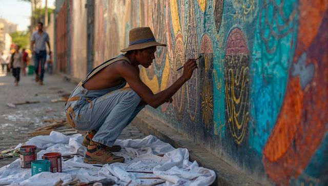 Young black street artist painting vibrant urban mural crouching in overalls, straw hat
