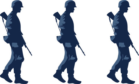 Three Soldier Silhouettes Marching in Perfect Alignment, Transparent Background