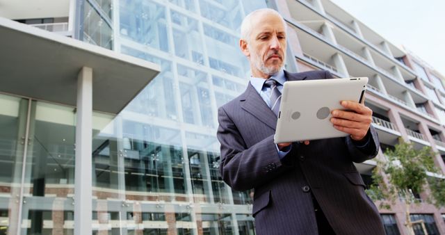 An older businessman wearing a suit stands focused while using a digital tablet in front of a modern office building. This image is ideal for use in business websites, professional services advertising, corporate presentations, and technology-related marketing. It emphasizes professionalism, modern work environments, and the integration of technology in business operations.