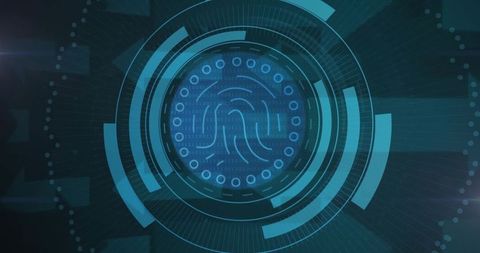 Biometric Fingerprint Scanning HUD with Neon Teal Concentric Rings for Security Interface