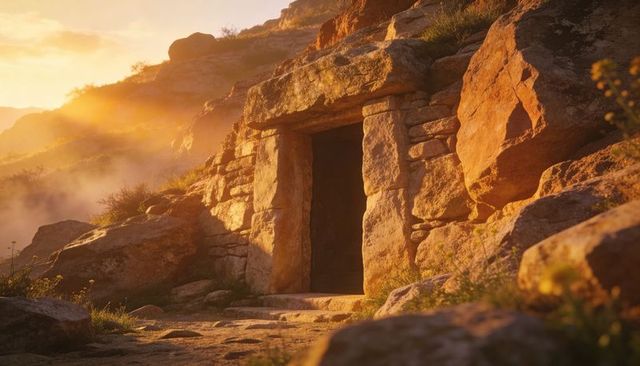 Golden-hour sunlight bathing ancient stone doorway carved into rugged sandstone hillside