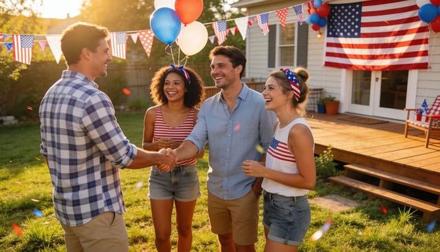 Friends shaking hands and celebrating patriotic backyard party with flags and balloons