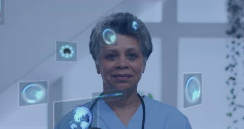 Smiling Doctor with Futuristic Medical Data Holograms