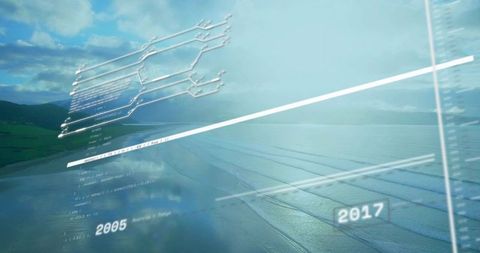 Coastal data timeline hud overlay showing network nodes and digital analytics over ocean