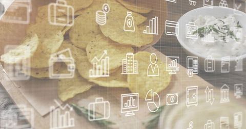 Crispy Tortilla Chips with Herb Dip on Rustic Board and Digital Data Icons Overlay