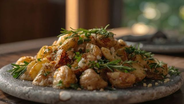 Roasting baby potatoes with rosemary and parmesan on rustic stone plate