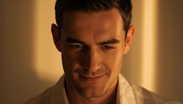 Gazing man smiling in warm golden light, stubble headshot with white shirt collar