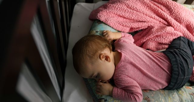 Sleeping Baby in Crib with Pink Blanket - Download Free Stock Images Pikwizard.com