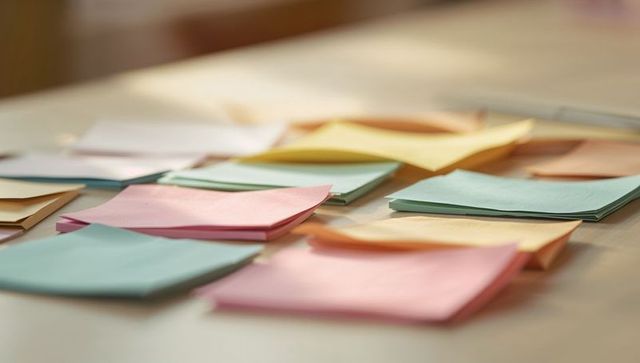 Pastel sticky notes on wooden desk with lifted corners and soft shadows, creative planning