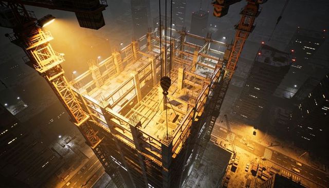 Nighttime high-rise construction towering under crane lights over downtown urban cityscape