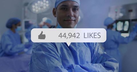 Surgeon standing with folded arms in operating room with social media likes overlay