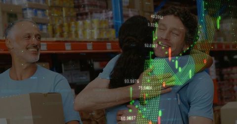 Diverse Colleagues Embracing in Data-Driven Warehouse