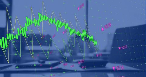 Analytical financial data overlays office workspace concept