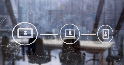 Digital network with technology icons in modern office space