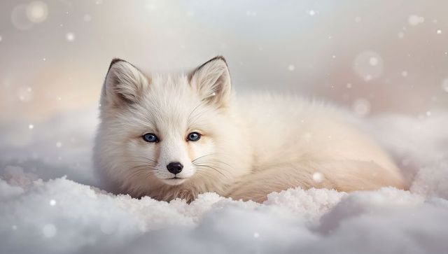 Arctic fox resting in snowy tundra with blue eyes and fluffy cream-white fur