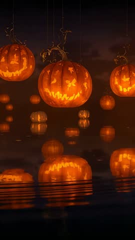 Floating Jack-o'-lantern Lanterns Glowing Over Water with Rippling Reflections, Eerie Night Loop