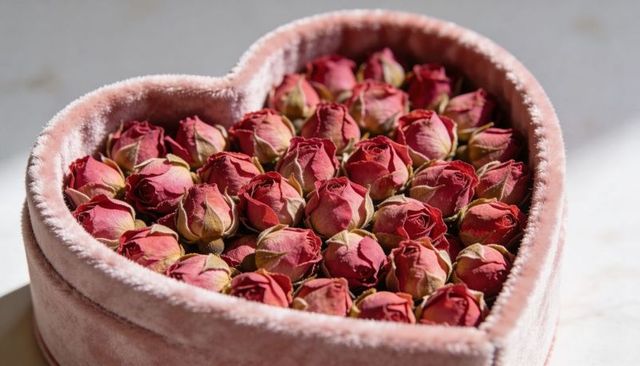 Pastel pink velvet heart box holding tightly packed dried rosebuds for romantic gift