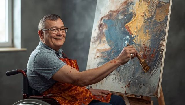 Wheelchair artist painting vibrant textured abstract canvas, joyful middle-aged painter at easel