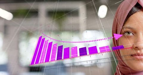 Businesswoman Analyzing Digital Graphs in Office, Futuristic Technology Concept