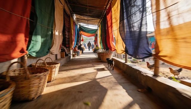 Sunlit market alley with hanging colorful fabrics, woven baskets and roaming chickens