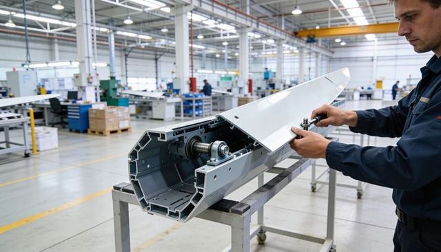 Technician tightening access panel on industrial bearing housing in modern assembly line