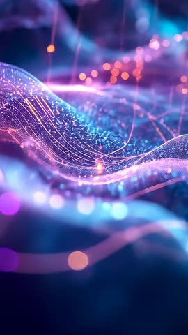 Vertical Futuristic Digital Wave Mesh Animation with Glowing Particles and Neon Trails