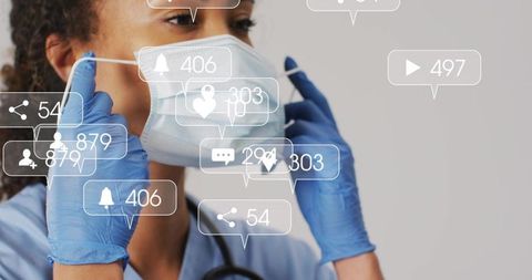 Female healthcare worker wearing mask and gloves with social media notification overlays