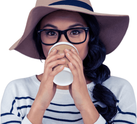 Stylish Young Woman Drinking From Transparent Cup