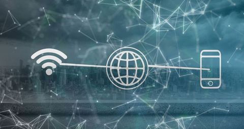 Digital Connectivity Network with Wi-Fi and Smartphone Icons Over Cityscape