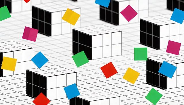 Monochrome Rubik Cubes on Grid with Floating Colorful Squares 3D Geometry Pattern