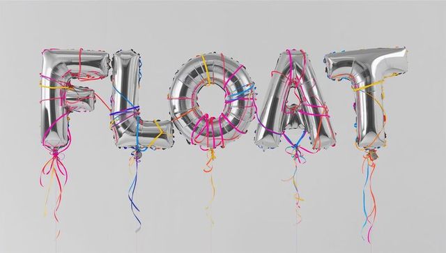 Floating silver mylar letter balloons spelling float with vibrant multicolor ribbons