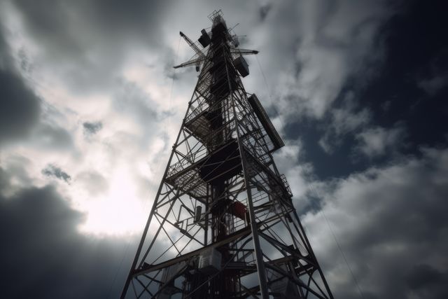 Telephone tower with cloudy sky, copy space, created using generative ai technology. Communication, cell tower and wireless telephone technology concept digitally generated image.
