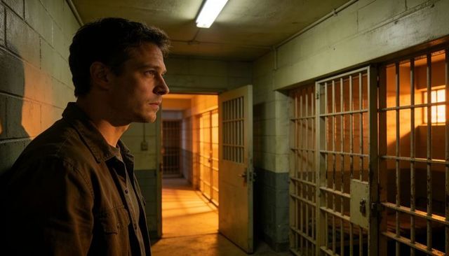 Man standing in dimly lit prison corridor gazing down cellblock with orange backlight