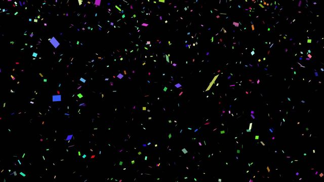 Colorful confetti falling over a black background creates a vibrant and festive atmosphere. Perfect for use in party invitations, celebratory backdrop videos, events promotions, and holiday greetings. The animation adds a lively and cheerful touch to any digital project, emphasizing fun and excitement.