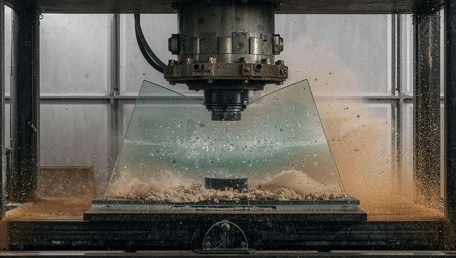 Cnc milling clear triangular glass inside enclosure with coolant mist and flying chips