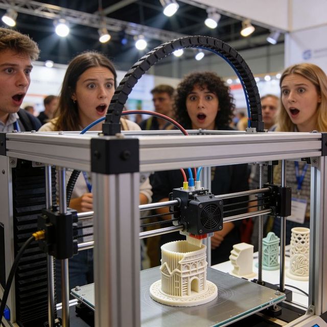 Students watching 3d printer creating intricate architectural model on open-frame gantry