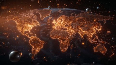 Futuristic Glowing Network Overlay on Digital World Map