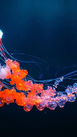 Vertical video of bioluminescent jellyfish drifting with pulsing frills in deep blue sea
