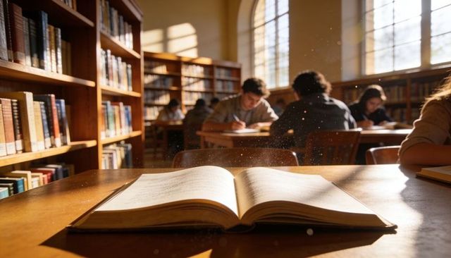 Sunlit open book on wooden table in college library, students studying, dust motes