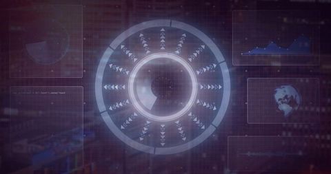 Animating segmented circular hud rotating over futuristic digital dashboard with telemetry