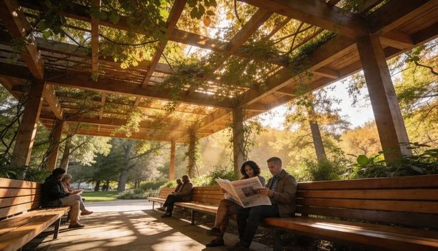 Couple reading newspaper on sunlit park pergola bench during golden hour