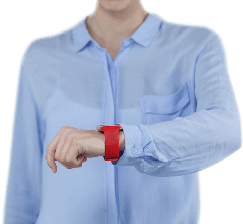 Woman interacting with smartwatch on transparent background