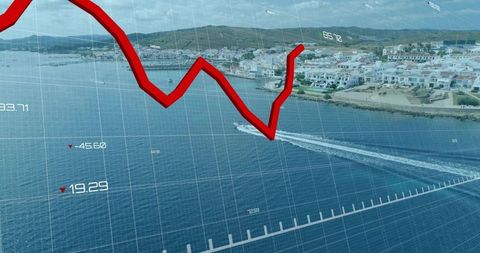 Red financial trend line cutting across coastal bay with boat wake and hud data grid