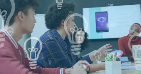 Diverse Team Collaborates in Modern Office with Digital Overlays