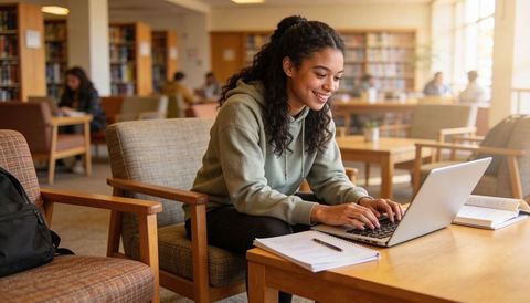 Smiling female student studying on laptop in sunlit campus library with notes and backpack