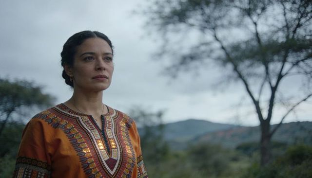 Contemplative woman in orange embroidered tunic standing in savanna under overcast sky