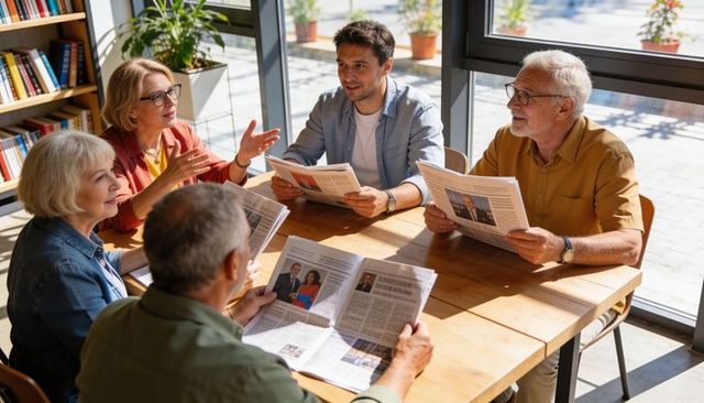 Multigenerational group discussing local news around sunlit community table with newspapers
